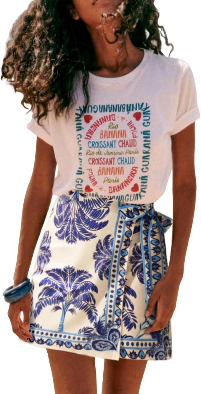 Womens Summer Floral Wrap Short Skirt Tie Side High Waist A Line Beach Vacation Boho Mini Skirt | Amazon (US)