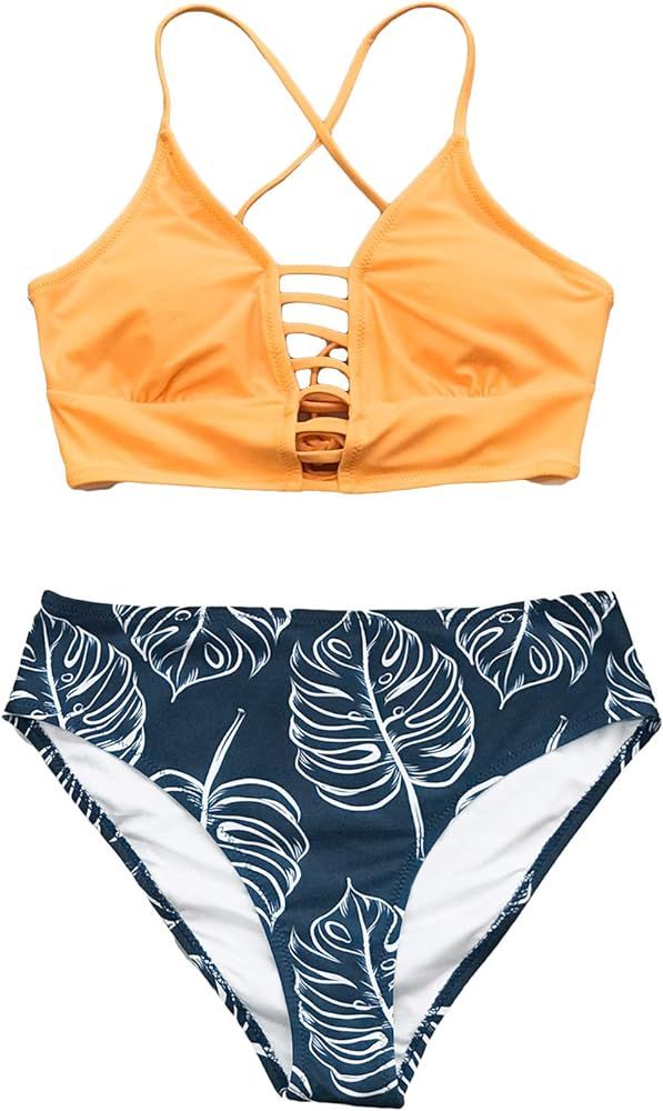 Women's Mid Waisted Bikini Set Lace Up Two Piece Swimsuits | Amazon (US)
