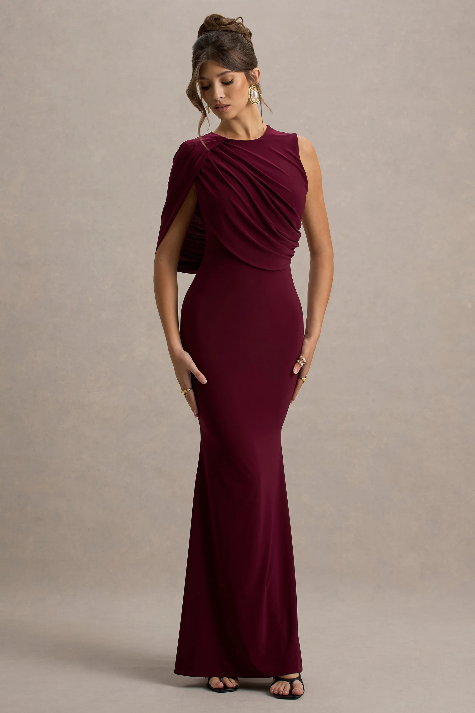 Rae | Burgundy Maxi Dress With One-Sleeve Cape | Club L London