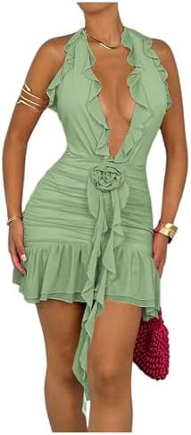 SOLY HUX Women's 3D Floral Ruffle Mesh Halter Dress Sleeveless Tie Backless Ruched Bodycon Mini D... | Amazon (US)