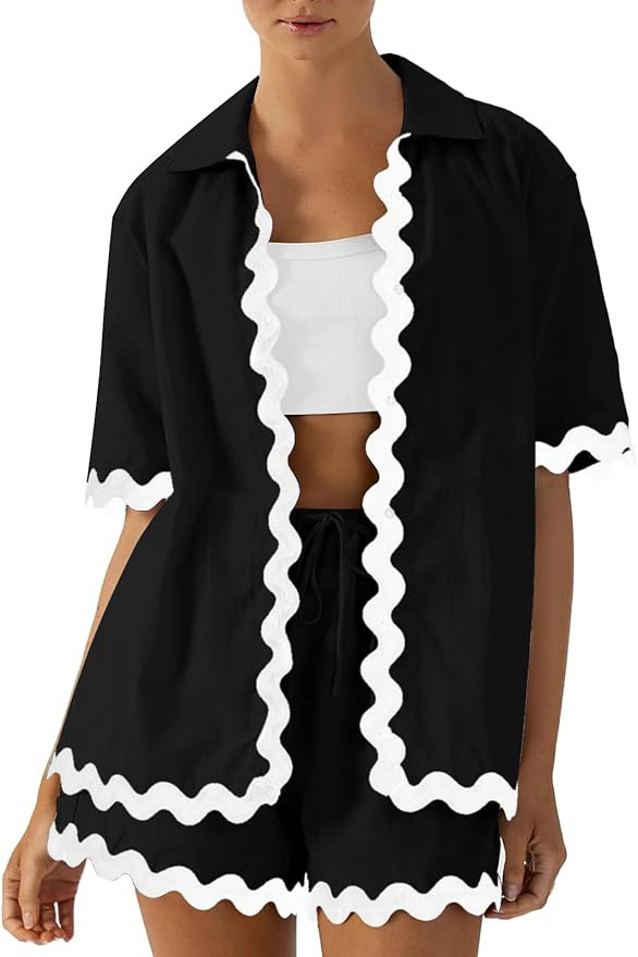 Women's Casual 2 Piece Outfit Summer Button Down Shirt and Shorts Pajama Set Lounge Matching Beac... | Amazon (US)