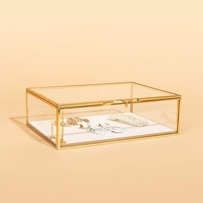 Glass Gold Metal with Chain and Velvet Bottom Jewelry Organizer Box | Card box for Weddings, Even... | Amazon (US)