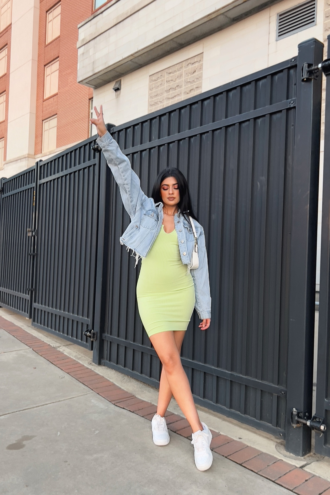 white bodycon dress with denim jacket