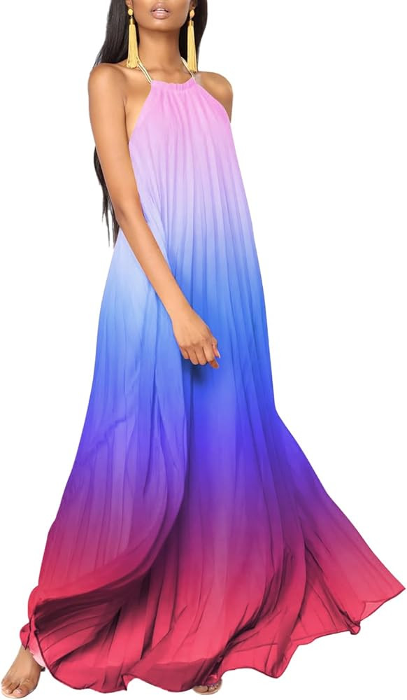 Paintcolors Women's Halter Sleeveless Long Maxi Dress Backless Casual Loose Ombre Summer Beach Ch... | Amazon (US)