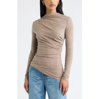 Open Edit Ruched Asymmetrical Mock Neck Top in Black at Nordstrom, Size Medium | Nordstrom