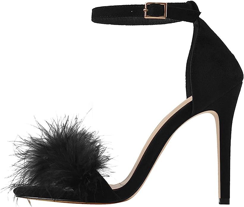 Richealnana Women's Fluffy Feather Stiletto Heel Ankle Strap Sandals | Amazon (US)