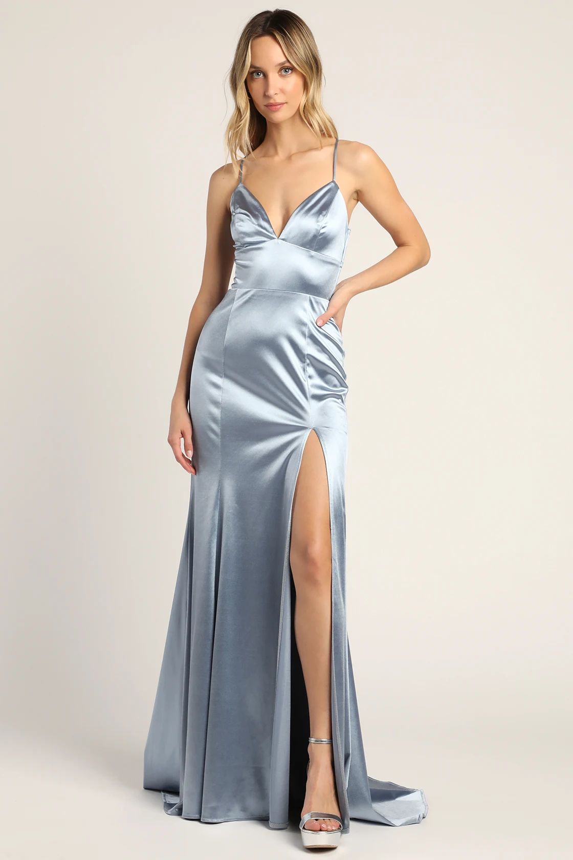 Love the Allure Dusty Blue Satin Lace-Up Mermaid Maxi Dress | Lulus (US)