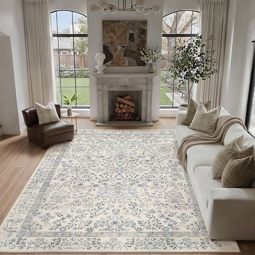 8x10 Blue Area Rug for Living Room Bedroom Washable Vintage Floral Carpet Low Pile Non Slip Botan... | Amazon (US)