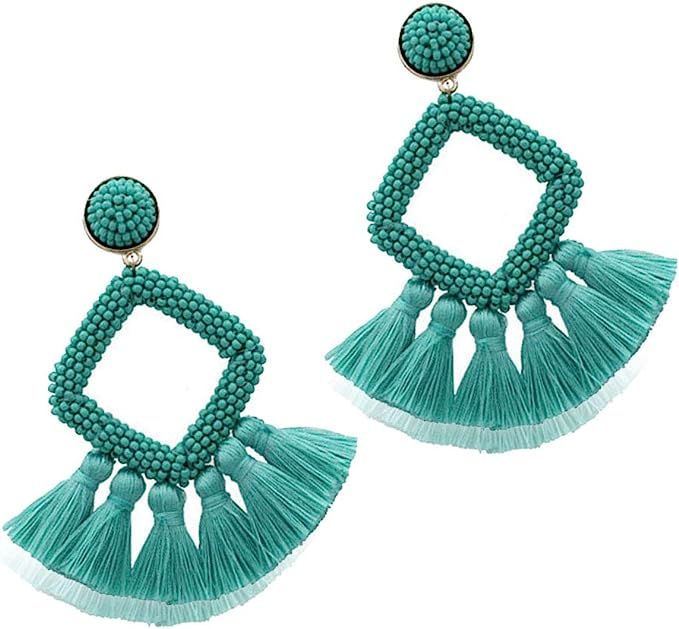 Beaded Tassel Drop Earrings - Statement Hoop Fringe Earrings Dangle, Gift Idea for Women, Girl, M... | Amazon (US)