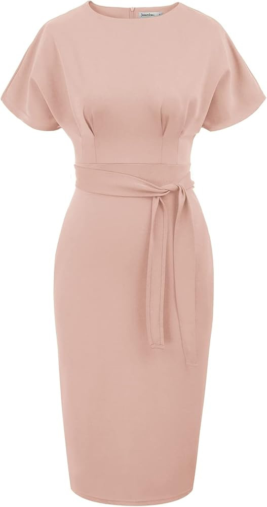 JASAMBAC Women's Bodycon Pencil Dress Office Wear to Work Dresses with Pocket Belt | Amazon (US)