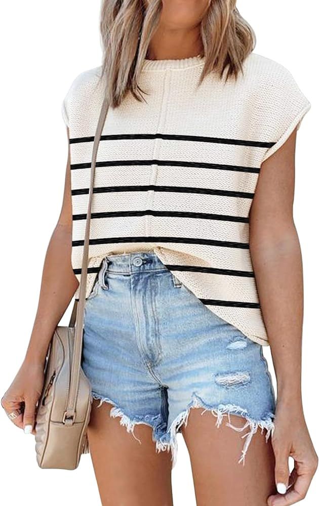 Womens Summer Cap Sleeve Tops Sleeveless Sweater Vest Casual Loose Fit Striped Knit Lightweight P... | Amazon (US)
