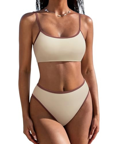 SUUKSESS Women High Waisted Two Piece Bikini Sets Cheeky High Cut Bandeau Swimsuits Push Up Bathing Suit(Beige Brown,M) | Amazon (US)