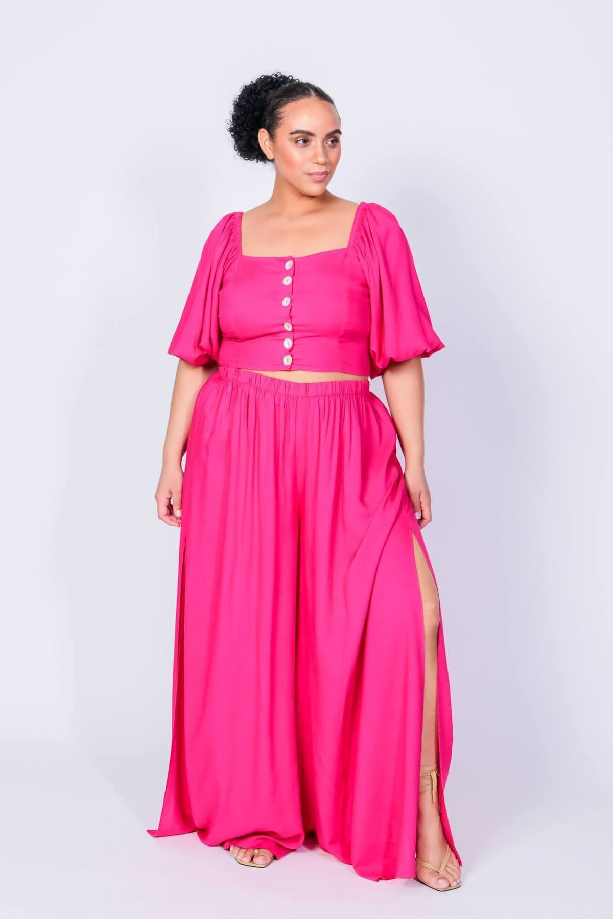 Beetroot Purple Puff Sleeve Gladys Crop Top and Pants | CoEdition