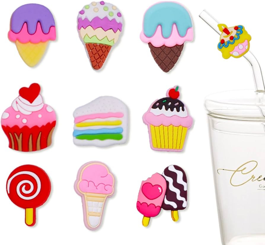 Silicone Ice Cream Straw Cover - 10 Pack Adjustable Cute Reusable Dessert Drinking Straw Caps Cha... | Amazon (US)