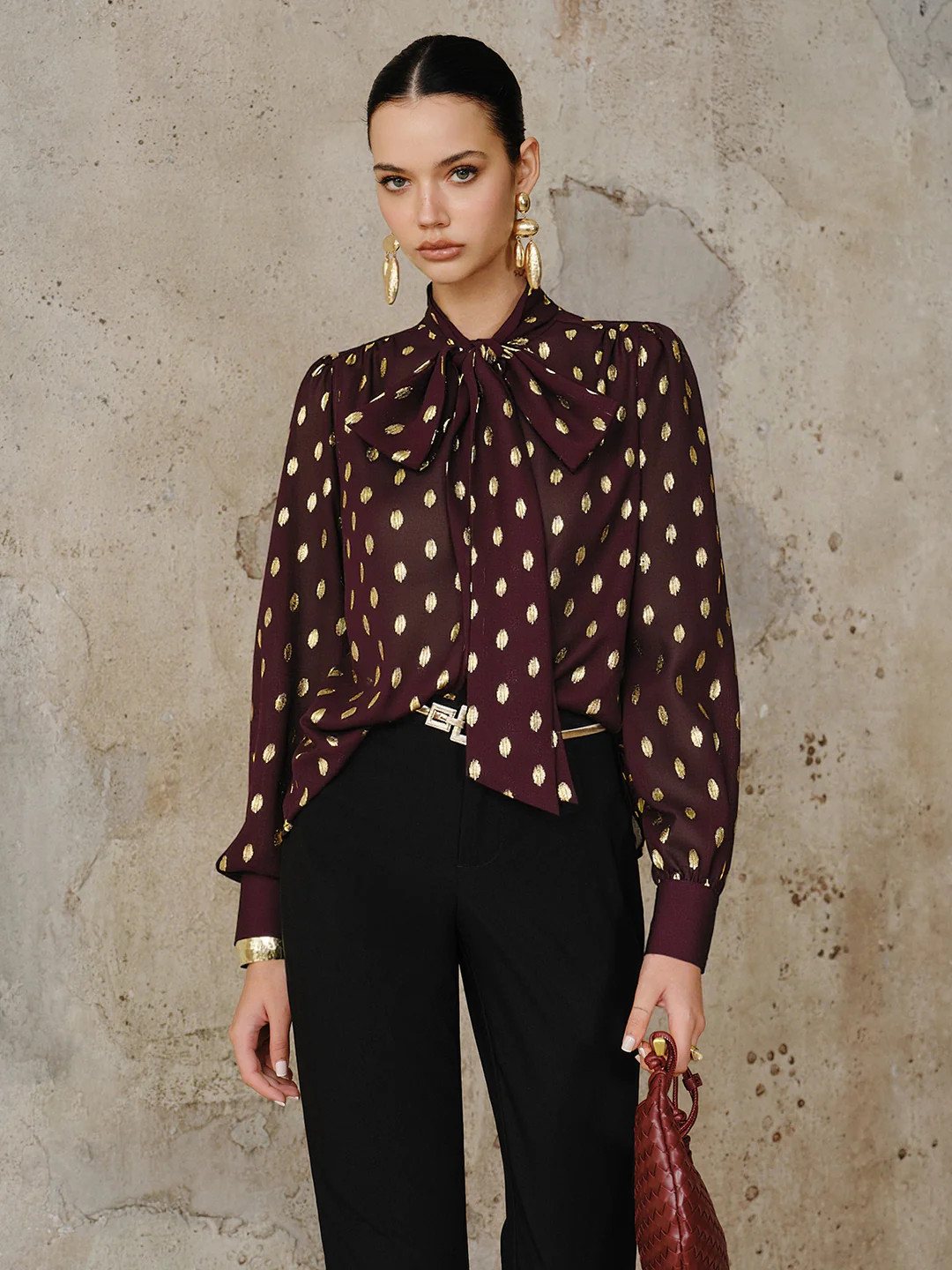 Polka Dot Bow Neckline Semi-Sheer Blouse | Commense