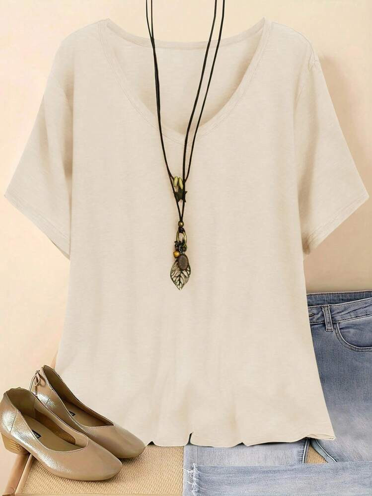 Plus Size Solid Color Minimalist Short Sleeve T-Shirt, Casual Wear | SHEIN