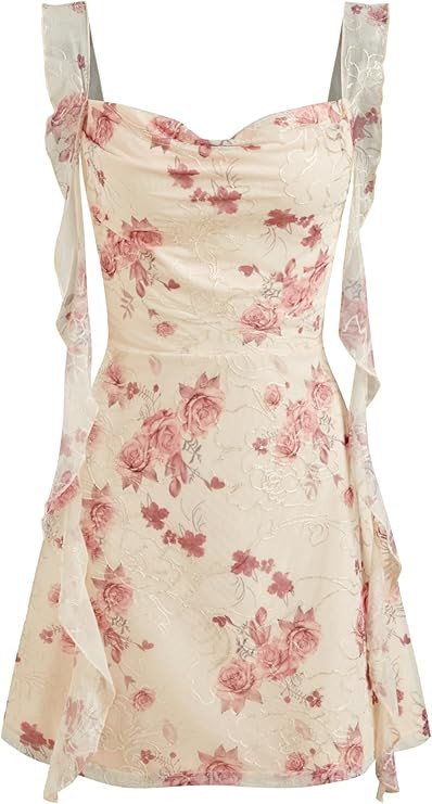 CIDER Women's Mini Cocktail Dress Floral Ruffle Mesh Sun Dress Wedding Guest Dresses Cute Summer ... | Amazon (US)