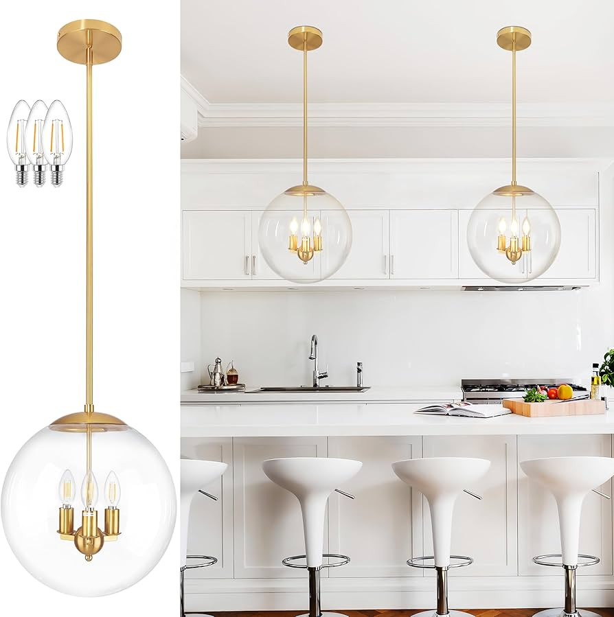 13.7" Globe Pendant Light Contemporary Globe Pendant Lights Kitchen Island 3 Light Gold Mid Centu... | Amazon (US)