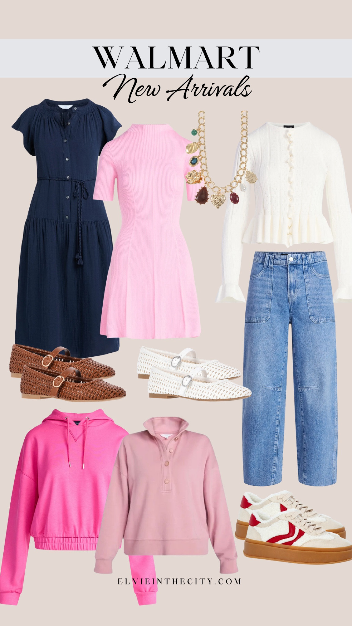 Walmart new arrivals include a ruffle sleeve dress, a mini sweater dress, a charm necklace, cardigan sweater, barrel jeans, woven ballet flats, a hoodie, a quarter button fleece top, and platform sneakers. 

Ootd, Walmart fashion, affordable fashion, fashion over 40, over 50 style 

#LTKFindsUnder50 #LTKOver40