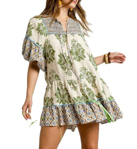 Women Boho Floral Mini Dress Short Puff Sleeve Flowy A Line Dress Ruffle V Neck Loose Babydoll Dresses | Amazon (US)