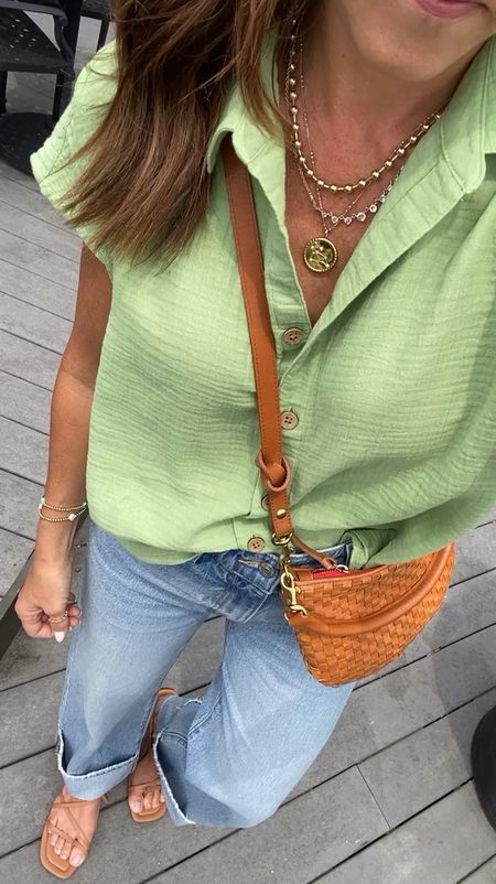 Pale green gauze button down. 
Size small
Jeans down one size. 
Necklaces use code: twopeasinablog at Miranda Frye 


#LTKSeasonal #LTKxMadewell #LTKOver40