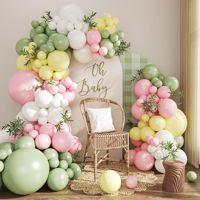 Sage Green Pink Yellow Pastel Balloon Arch Kit, 124Pc Dusty Green Macaron Blue and White Balloons... | Amazon (US)