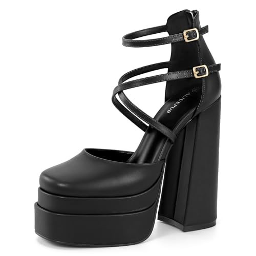ALICEPUB Black Women's Chunky Platform High Heels Closed Toe Black Platform Heels for Women Ankle Strap Square Toe Block Pump Heels Sexy Prom Party Pumps Shoes Comfortable Dress Shoes, Size 10 | Amazon (US)