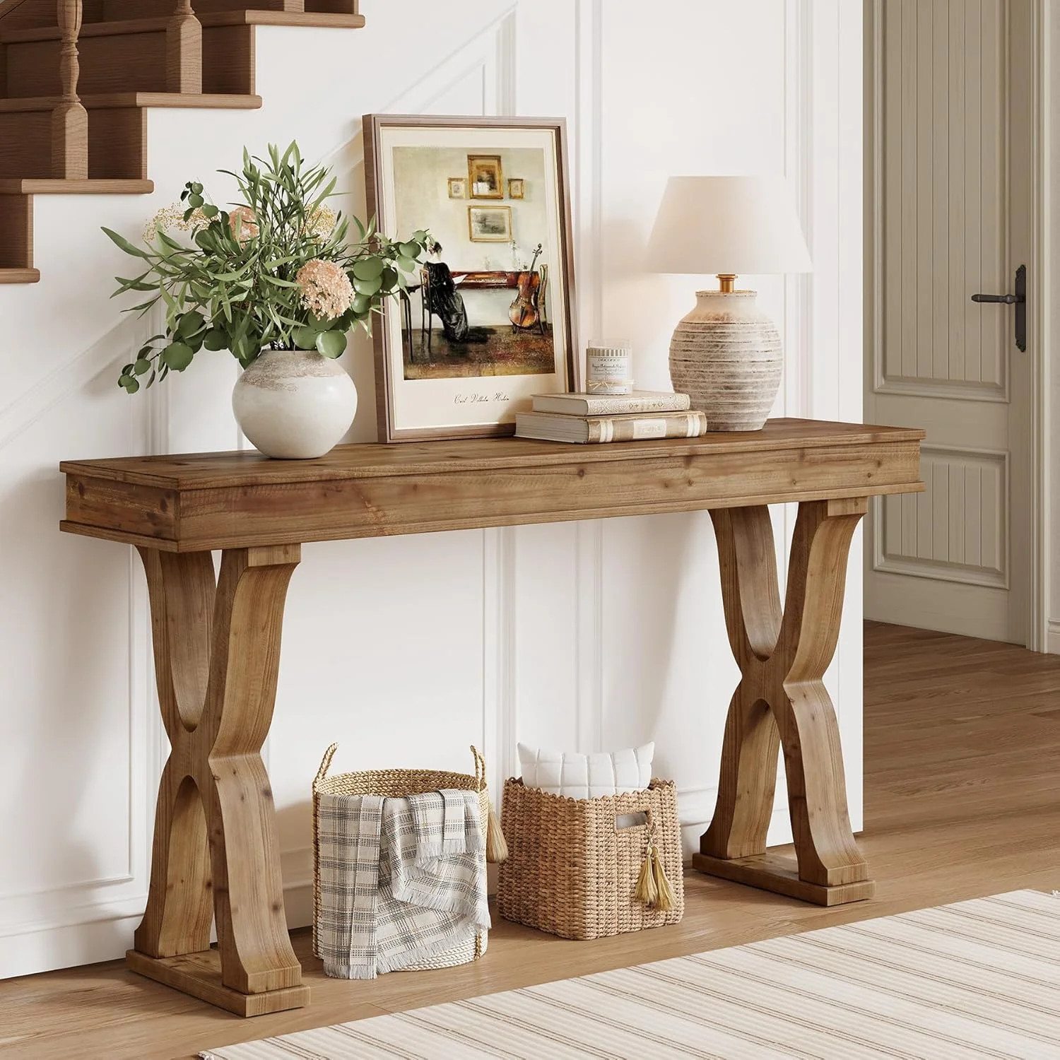 Tribesigns Farmhouse Solid Wood Console Table, 63-Inch Sofa Table with X-Shaped Legs, Entryway Table for Living Room, Brown - Walmart.com | Walmart (US)