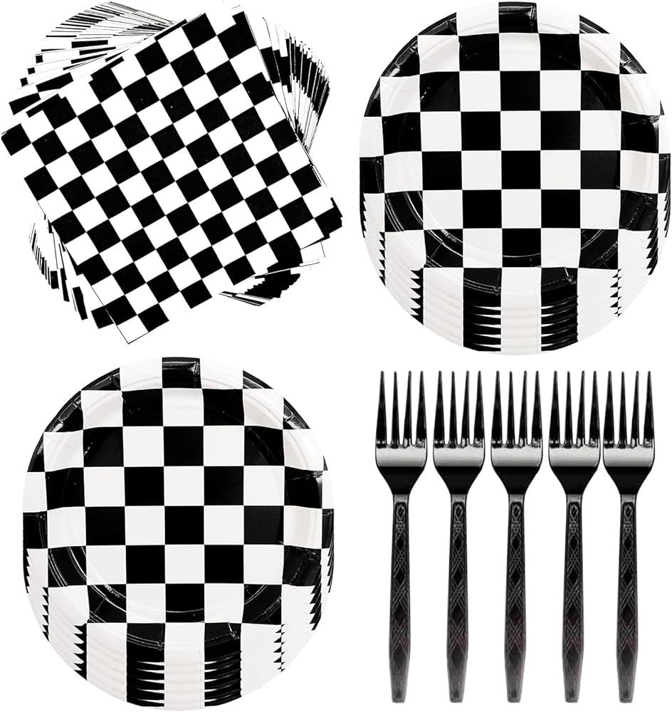 60Pcs Race Car Black and White Checkered Party Supplies Racing Tableware Set 7"Black and White Ch... | Amazon (US)