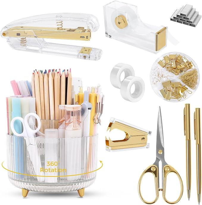 SKYDUE Gold Office Supplies Set, Pencil Holder for Desk,Gel Pen, Stapler, Tape Dispenser, Scissor... | Amazon (US)
