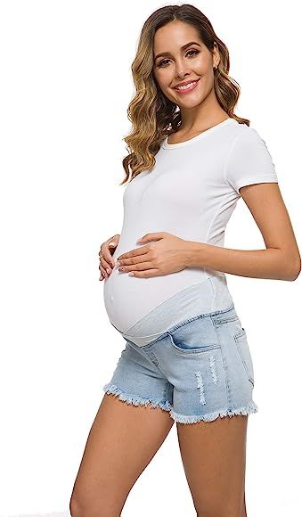 Women's Underbelly Wide Elastic Band Waist Maternity Shorts for Women Denim [ Upgraded Version 2.... | Amazon (US)
