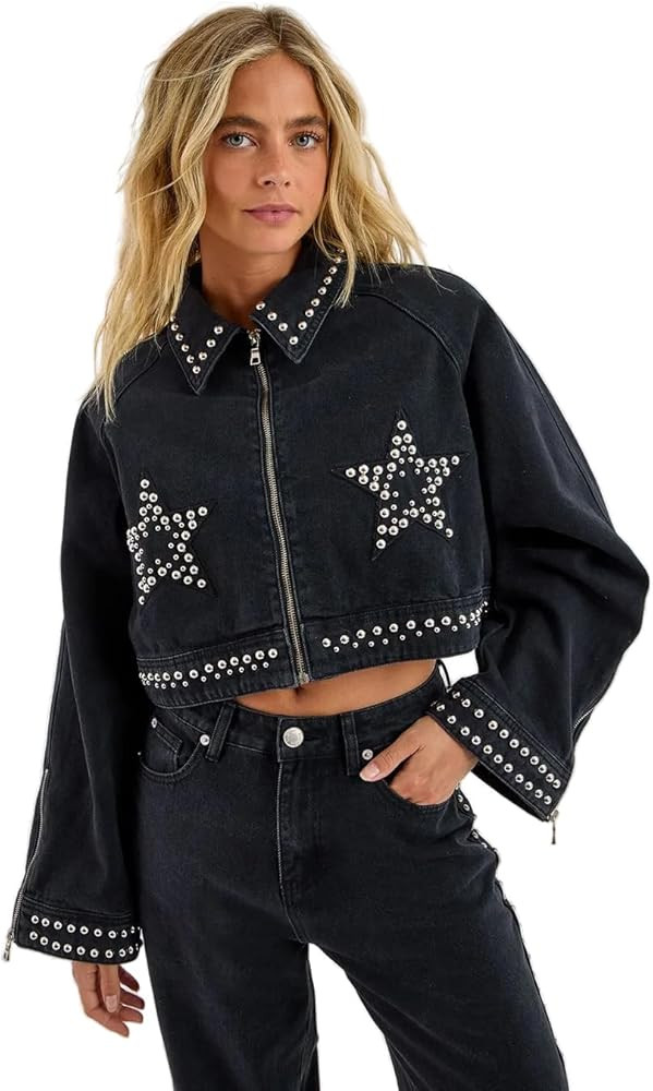 Nasty Gal Star Studded Denim Cropped Jacket | Amazon (US)