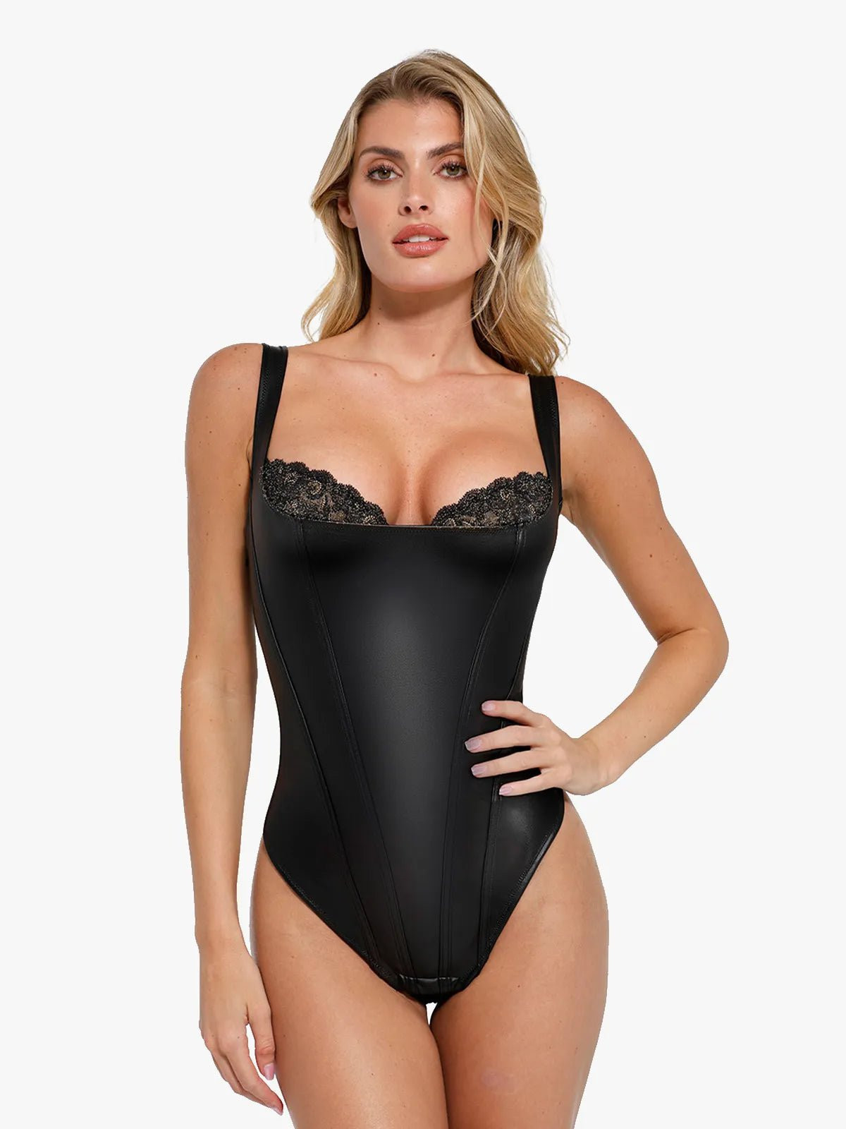 Shapewear Faux Leather Lace Balconette Sculpting Bodysuit | Popilush