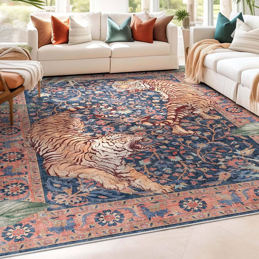 Well Woven Apollo Botanical Tiger Navy Washable Rug – Dining Room & Bedroom, 7'10" x 9'10", Dur... | Amazon (US)