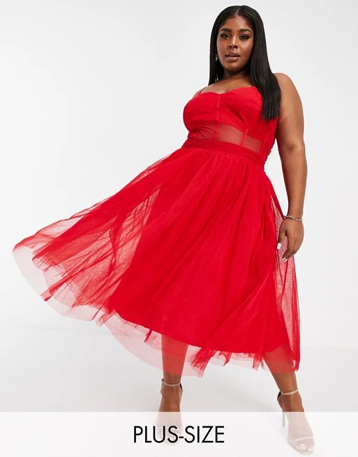 Lace & Beads Plus exclusive prom midi dress with mesh corset waist detail in red | ASOS (Global)