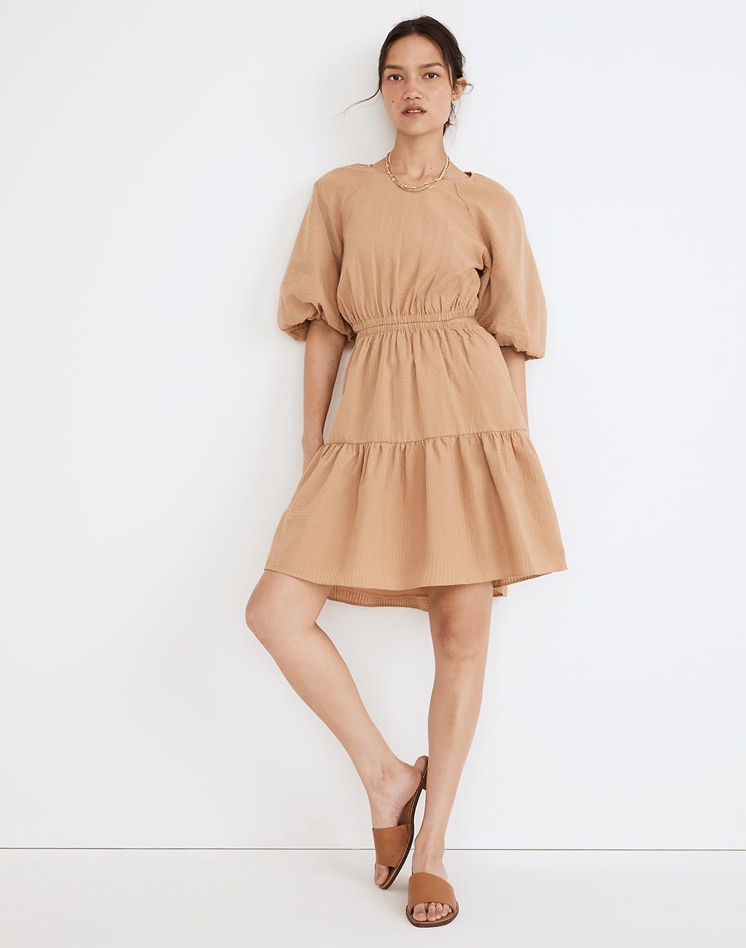 Seersucker Puff-Sleeve Cutout Mini Dress | Madewell