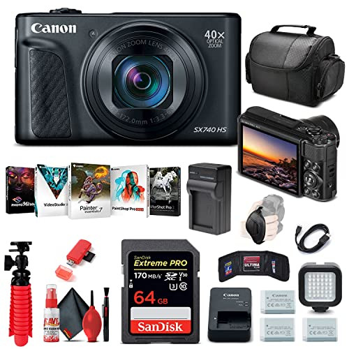 Canon PowerShot SX740 HS Digital Camera (Black) (2955C001) + 64GB Card + 2 x NB13L Battery + Corel Software + Charger + Card Reader + LED Light + Soft Bag + More (International Model) (Renewed) | Amazon (US)