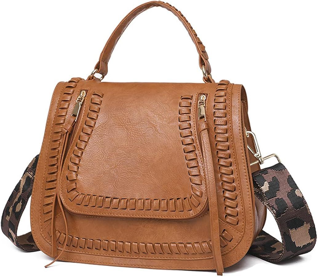 Vintage Crossbody Bag for Women Vegan Leather Satchel Shoulder Tote Bag Flap Top Handle Handbags ... | Amazon (US)