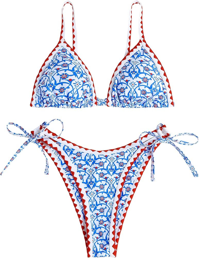 ZAFUL Women's Swimsuits Boho Floral Print String Thong Bikini Set Sexy High Cut Swimwear Bathing ... | Amazon (US)