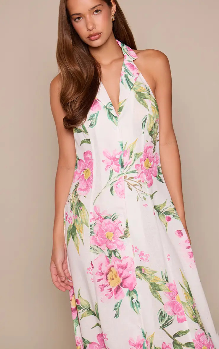 Pink Floral Button Down Collar Detail Maxi Dress | PrettyLittleThing USA | PrettyLittleThing US