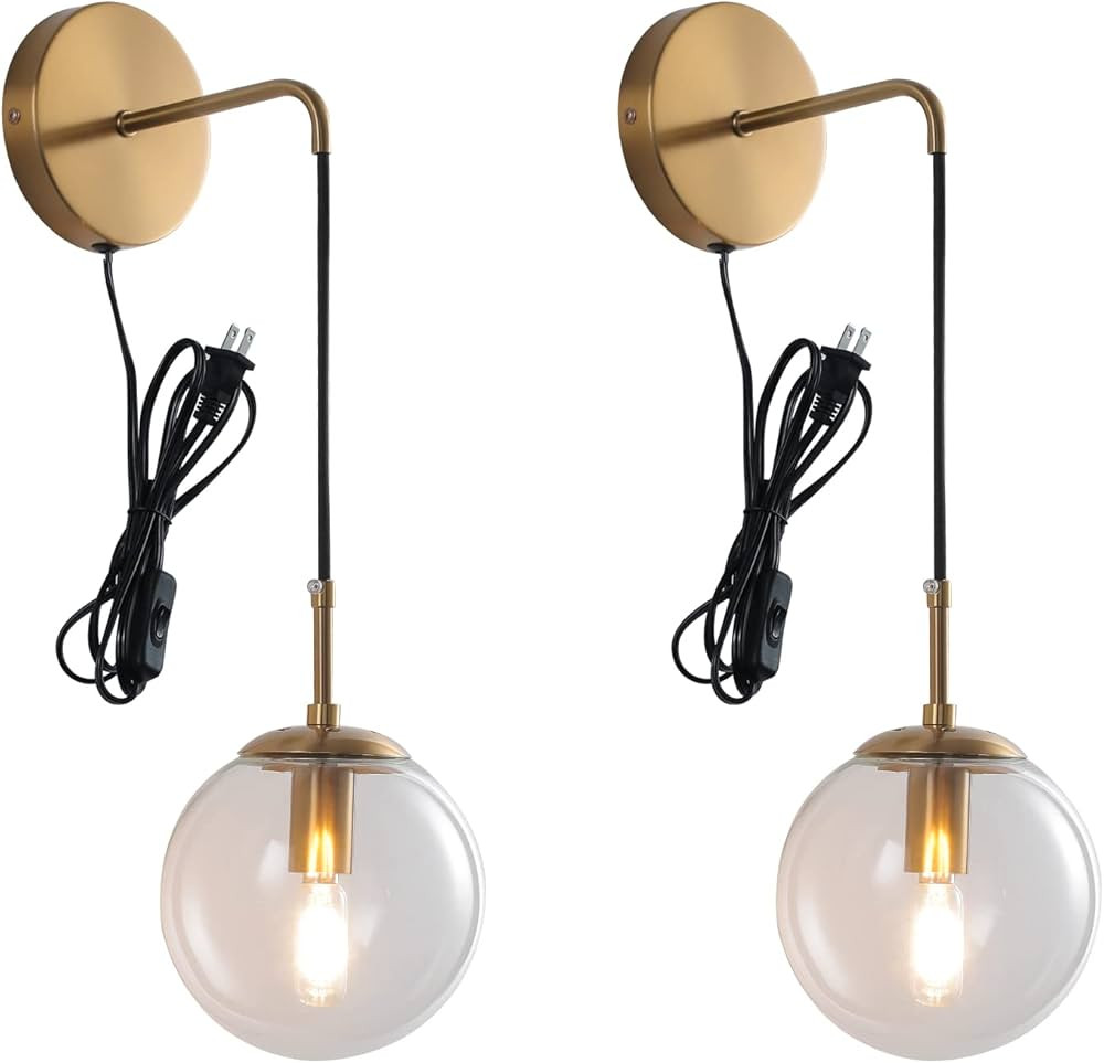 Wall Sconces Set of Two Plug in Wall Sconces Brushed Brass Gold Wall Lamp with Cord Wall Sconce P... | Amazon (US)