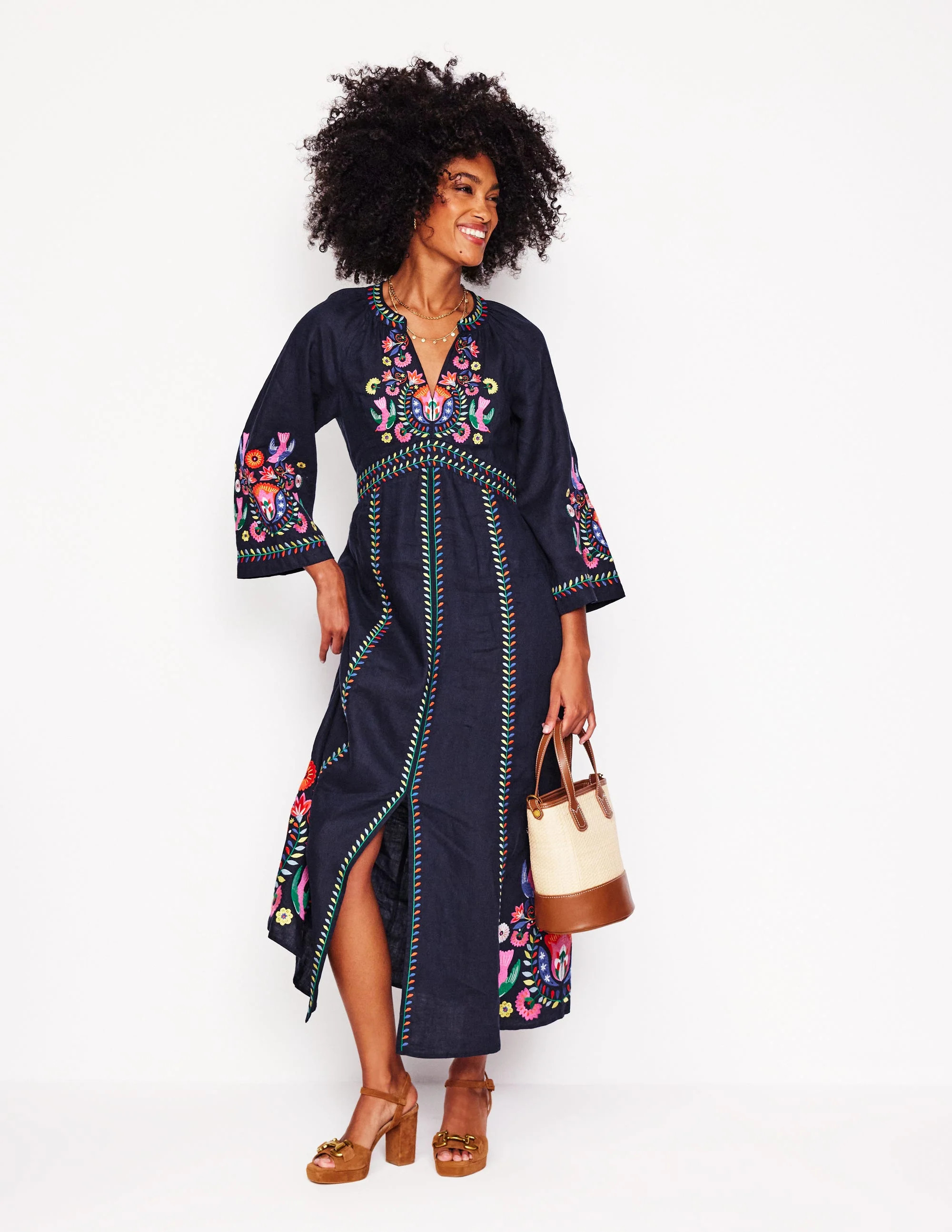 Una Linen Embroidered Dress-Navy, Multi Embroidery | Boden (US)