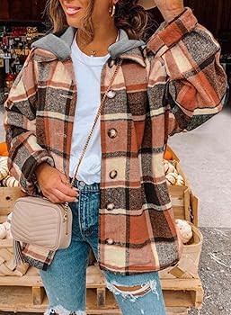 SHEWIN Womens Long Sleeve Button Down Plaid Shirts Flannel Hooded Shacket Jacket Hoodie Coats | Amazon (US)