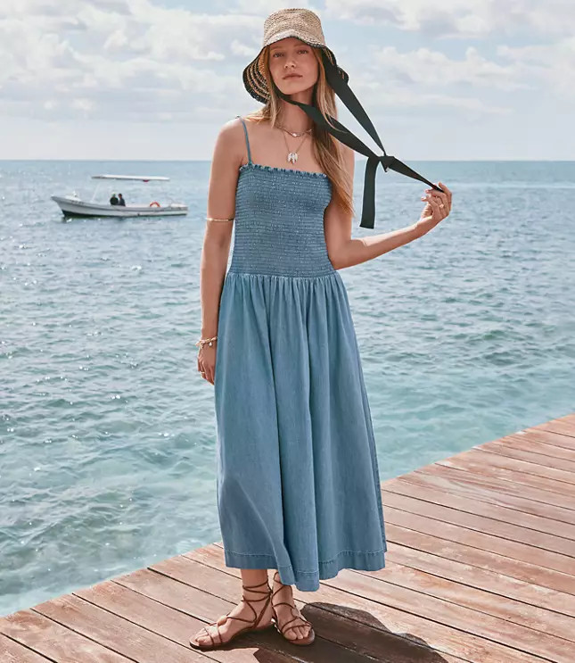 Chambray Smocked Strappy Midi Pocket Dress | LOFT