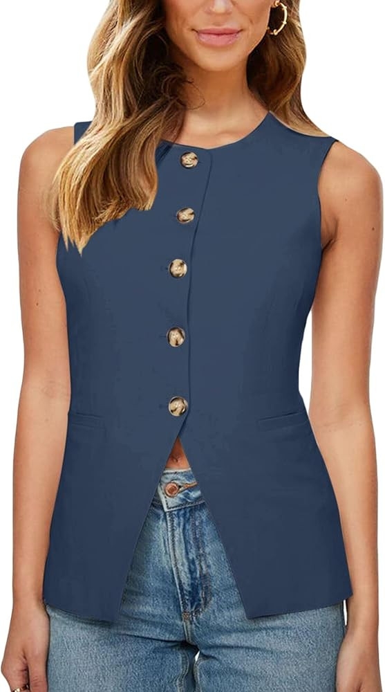 Fallorchid Womens Round neck Suit Vest Sleeveless Button Business Jacket Waistcoat Top | Amazon (US)