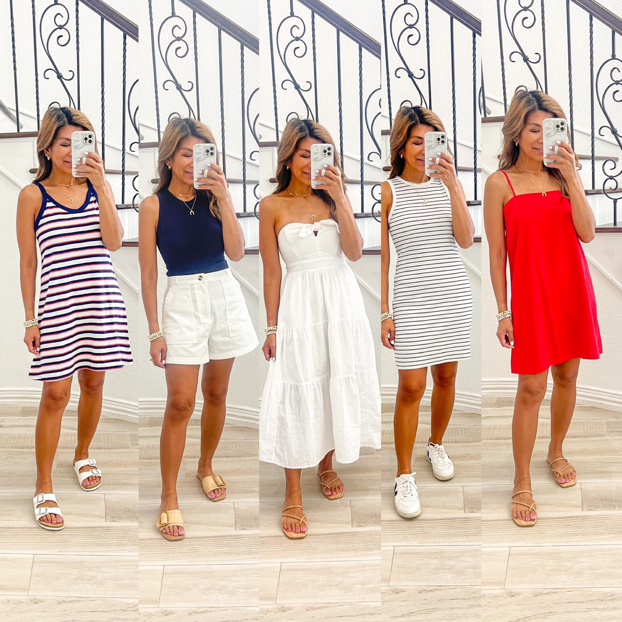 Memorial Day Looks, 4th of July Looks,
Target finds, Target style.
First outfit: striped dress in XS, sandals tts
2nd outfit:tank top in small, white shorts in size 2 tts, sandals size down.
3rd outift: white dress in XS(if bigger than 32 C chest size up), sandals tts
4th outfit: striped dress in XS, tts;White sneakers tts.
5th outfit: red linen dress in XS tts, sandals tts.
Summer outfits, Europe trip, vacation outfits

#LTKSeasonal #LTKunder50 #LTKFind