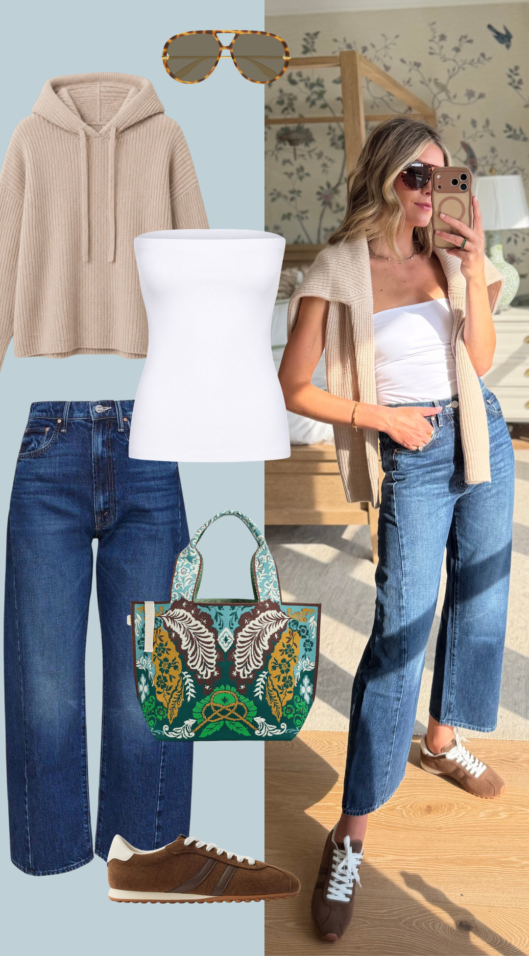 travel day outfit ✈️ keeping it comfortable but still cute with wide-leg denim, a simple white top, and the softest knit layered over my shoulders for the airport.

the brown sneakers + printed tote add a little more interest without making the outfit feel fussy. such an easy formula for a long travel day, and everything works just as well once you land too.

wearing a size 26 in the jeans + small in the top.  

 #LTKootd #LTKSeasonal