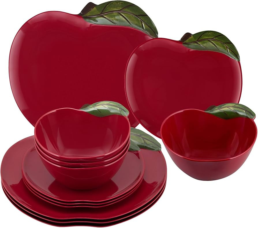 UPware 12 Piece Apple Melamine Dinnerware Sets, Outdoor Dishes Set, Plates and Bowls Sets, Servic... | Amazon (US)