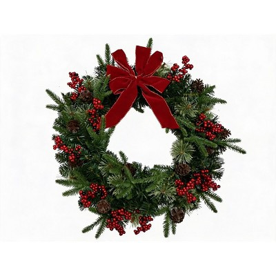 24 Inch Artificial Christmas Wreath with Red Bow, Red Berries and Pine Cones, Front Door Holiday Wreath for Christmas Home Wall Window Decor | Target