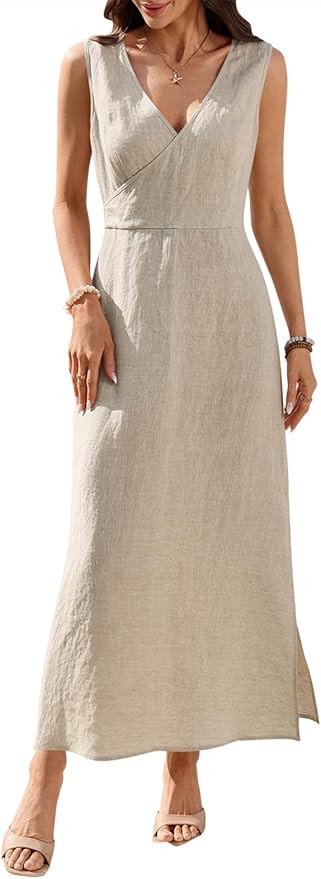 Women's 100% Linen Maxi Dress Wrap V Neck Sleeveless 2026 Summer Trendy Split Dresses | Amazon (US)